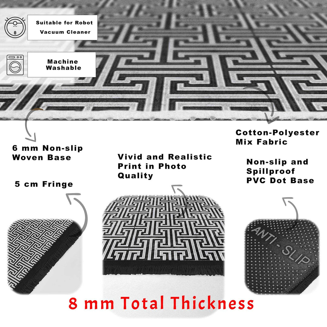 Greek Key Area Rug|Geometric Rug|Boho Design Carpet|Machine-Washable Fringed Non-Slip Mat|Multi-Purpose Anti-Slip Abstract Stylish Carpet