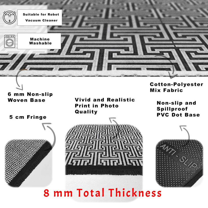 Greek Key Area Rug|Geometric Rug|Boho Design Carpet|Machine-Washable Fringed Non-Slip Mat|Multi-Purpose Anti-Slip Abstract Stylish Carpet