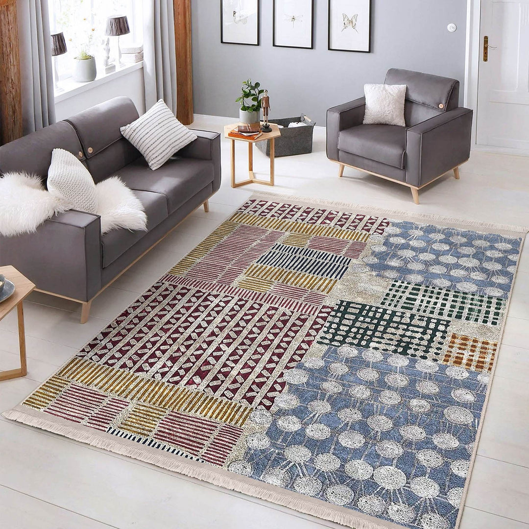 Abstract Area Carpet|Multi-Purpose Anti-Slip Housewarming Carpet|Farmhouse Style Rug|Boho Design Rug|Machine-Washable Fringed Non-Slip Mat