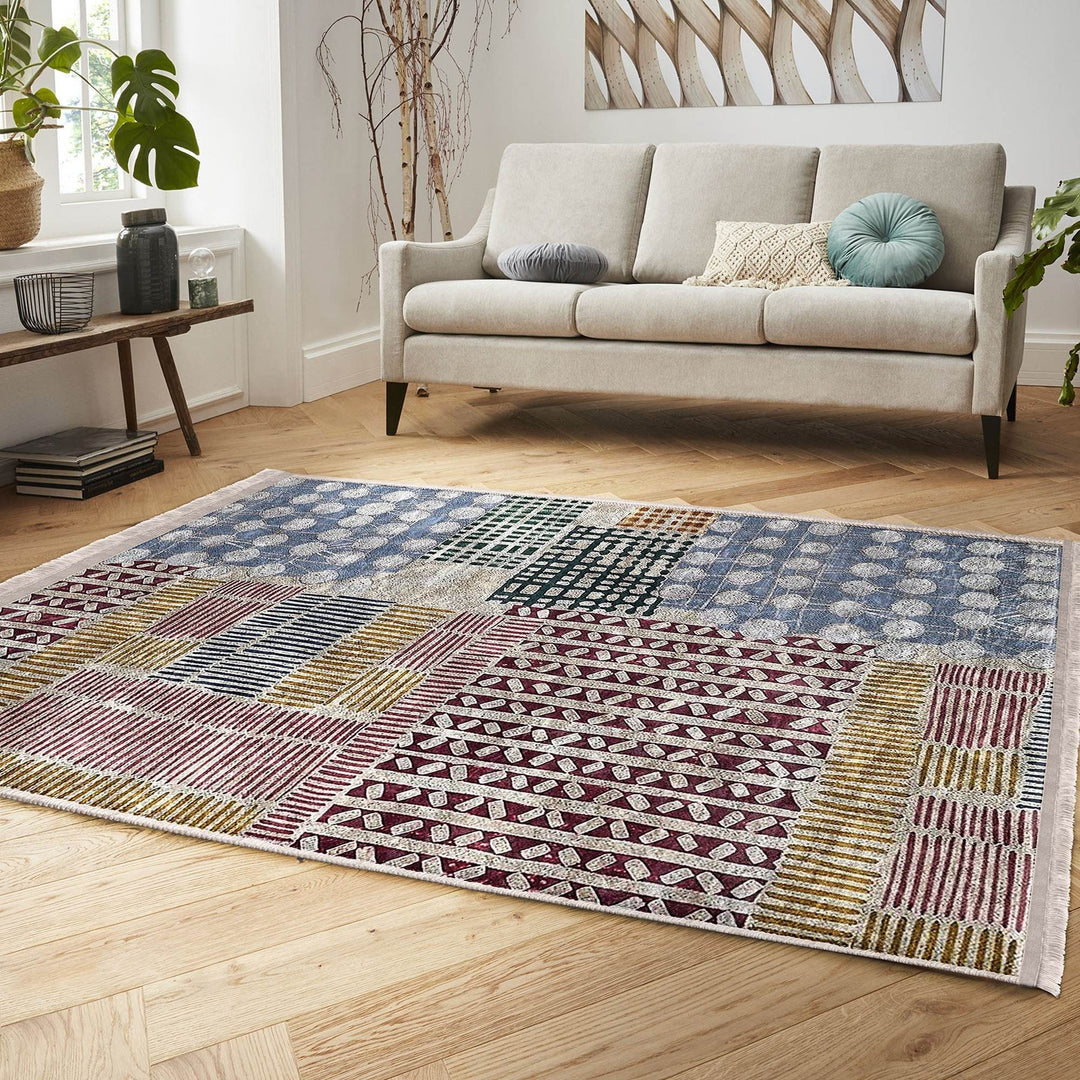 Abstract Area Carpet|Multi-Purpose Anti-Slip Housewarming Carpet|Farmhouse Style Rug|Boho Design Rug|Machine-Washable Fringed Non-Slip Mat