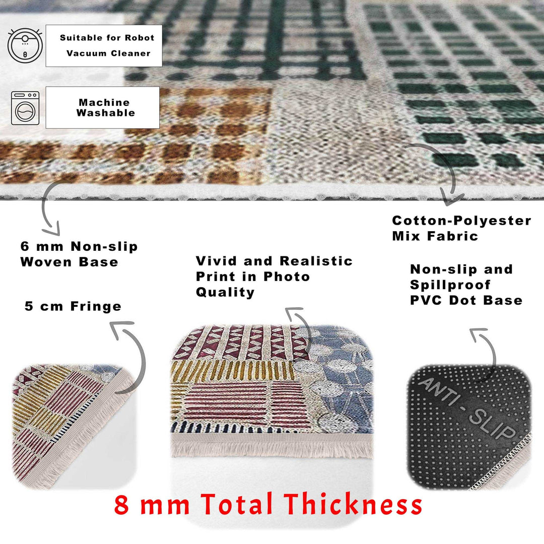 Abstract Area Carpet|Multi-Purpose Anti-Slip Housewarming Carpet|Farmhouse Style Rug|Boho Design Rug|Machine-Washable Fringed Non-Slip Mat