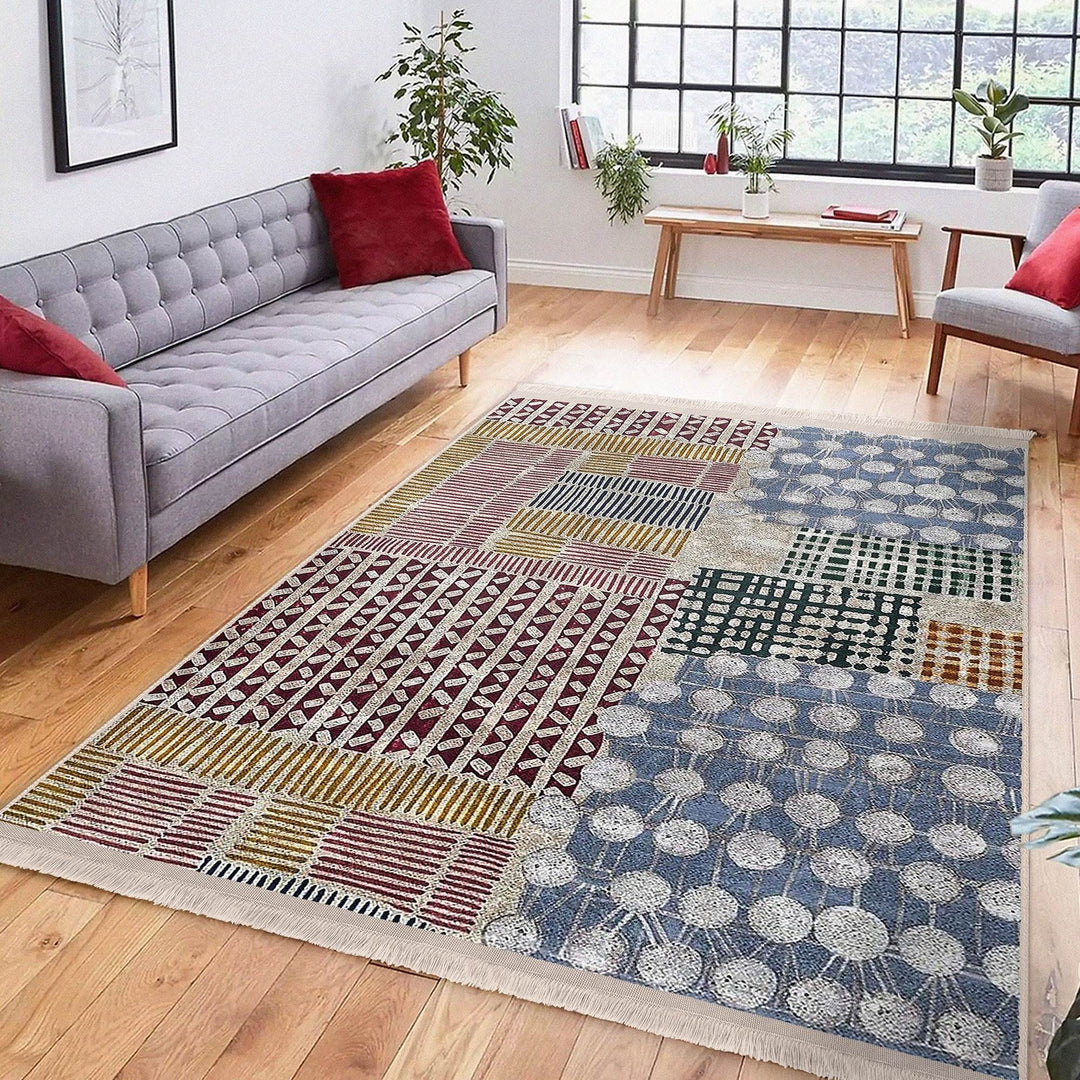 Abstract Area Carpet|Multi-Purpose Anti-Slip Housewarming Carpet|Farmhouse Style Rug|Boho Design Rug|Machine-Washable Fringed Non-Slip Mat