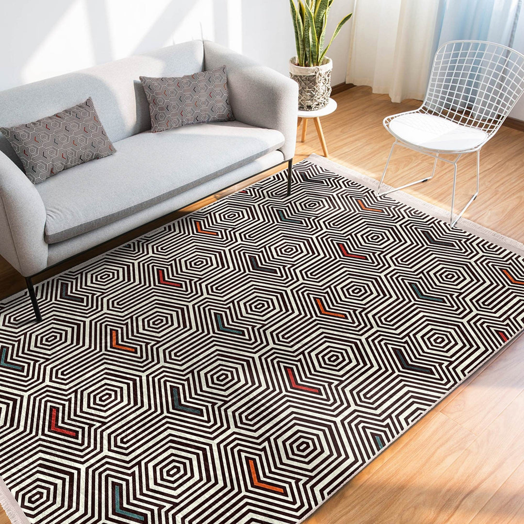 Geometric Area Rug|Modern Style Rug|Boho Design Carpet|Machine-Washable Fringed Non-Slip Mat|Multi-Purpose Anti-Slip Abstract Stylish Carpet