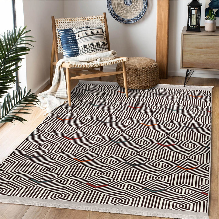 Geometric Area Rug|Modern Style Rug|Boho Design Carpet|Machine-Washable Fringed Non-Slip Mat|Multi-Purpose Anti-Slip Abstract Stylish Carpet