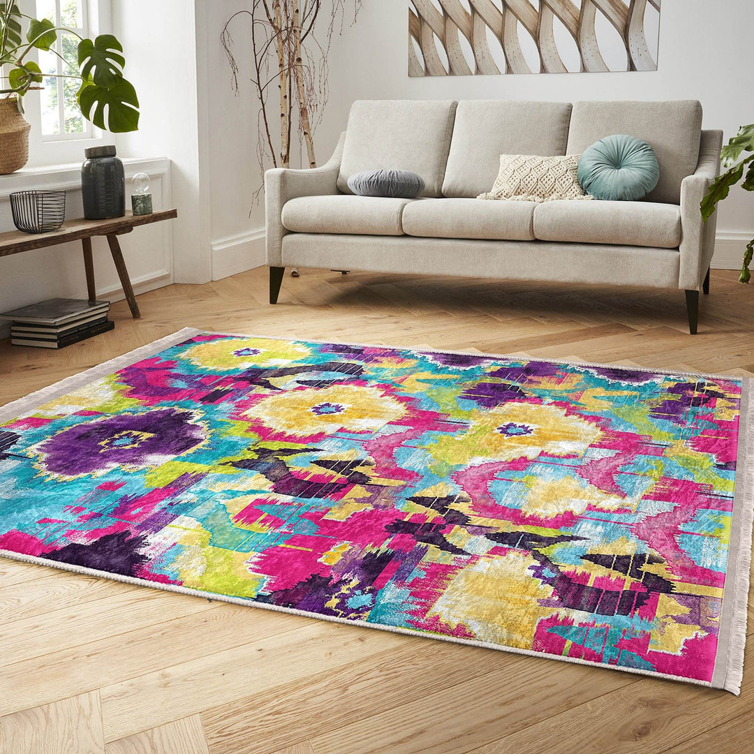 Colorful Area Rug|Abstract Home Decor|Boho Design Rug|Machine-Washable Fringed Non-Slip Mat|Multi-Purpose Anti-Slip Housewarming Carpet