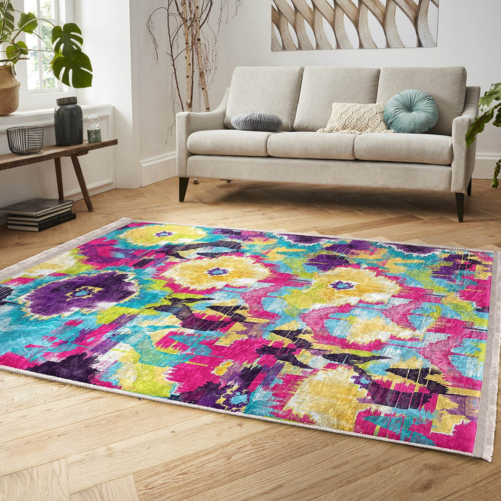 Colorful Area Rug|Abstract Home Decor|Boho Design Rug|Machine-Washable Fringed Non-Slip Mat|Multi-Purpose Anti-Slip Housewarming Carpet