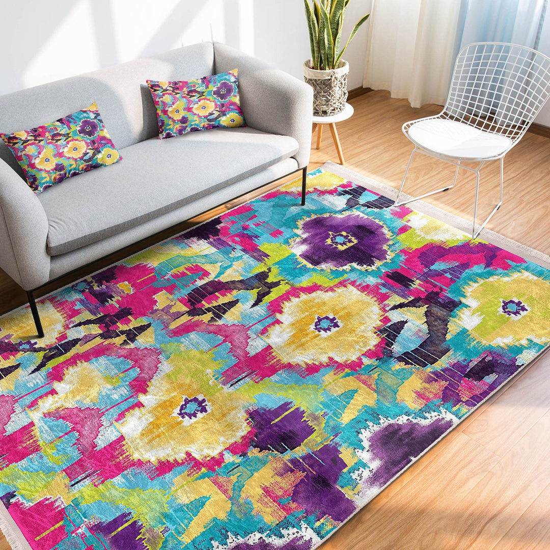 Colorful Area Rug|Abstract Home Decor|Boho Design Rug|Machine-Washable Fringed Non-Slip Mat|Multi-Purpose Anti-Slip Housewarming Carpet