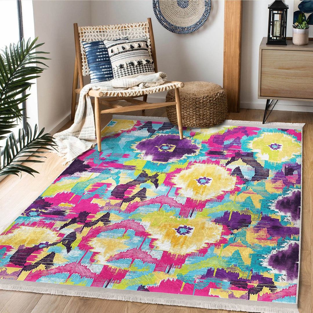 Colorful Area Rug|Abstract Home Decor|Boho Design Rug|Machine-Washable Fringed Non-Slip Mat|Multi-Purpose Anti-Slip Housewarming Carpet