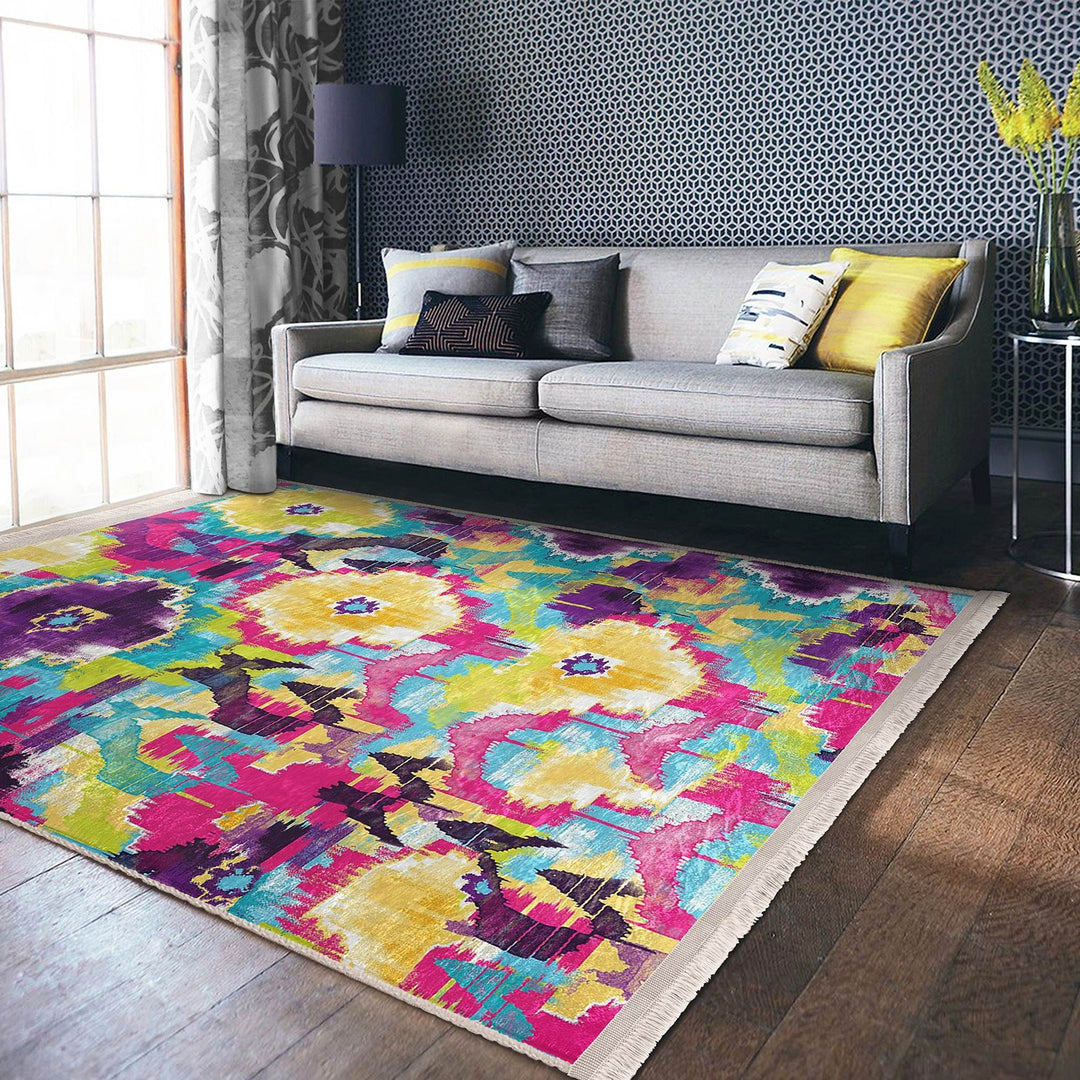 Colorful Area Rug|Abstract Home Decor|Boho Design Rug|Machine-Washable Fringed Non-Slip Mat|Multi-Purpose Anti-Slip Housewarming Carpet