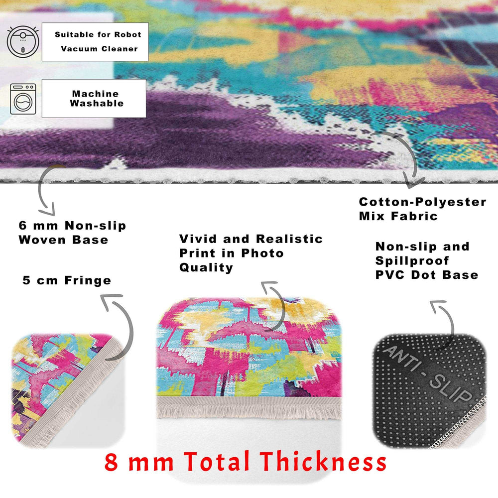 Colorful Area Rug|Abstract Home Decor|Boho Design Rug|Machine-Washable Fringed Non-Slip Mat|Multi-Purpose Anti-Slip Housewarming Carpet