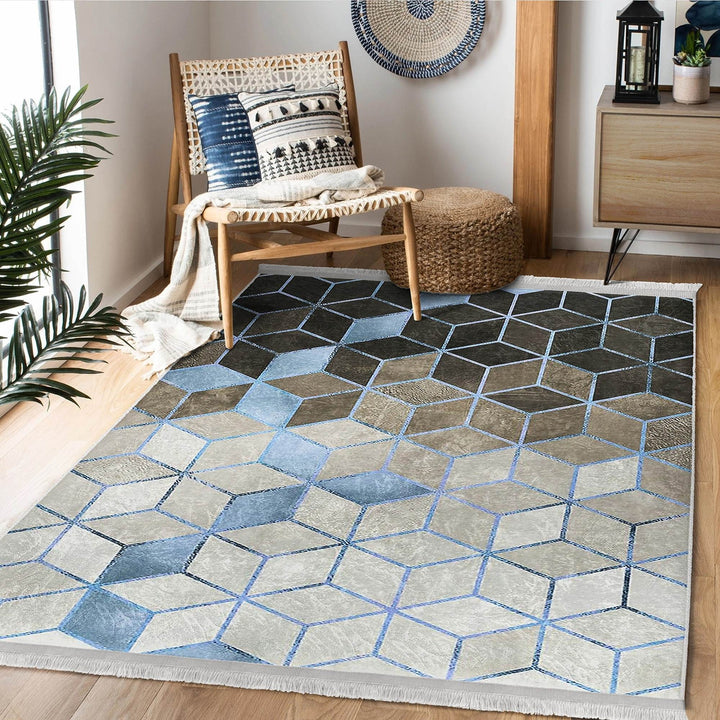 Mosaic Pattern Rug|Geometric Area Rug|Geometric Carpet|Machine-Washable Fringed Non-Slip Mat|Multi-Purpose Anti-Slip Abstract Area Carpet