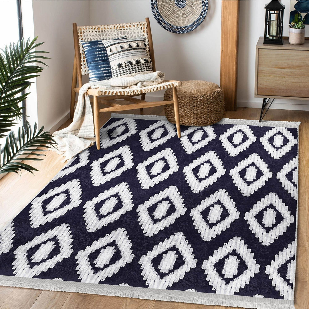 Diamond Pattern Rug|Geometric Area Rug|Machine-Washable Fringed Non-Slip Mat|Boho Design Carpet|Multi-Purpose Anti-Slip Abstract Carpet