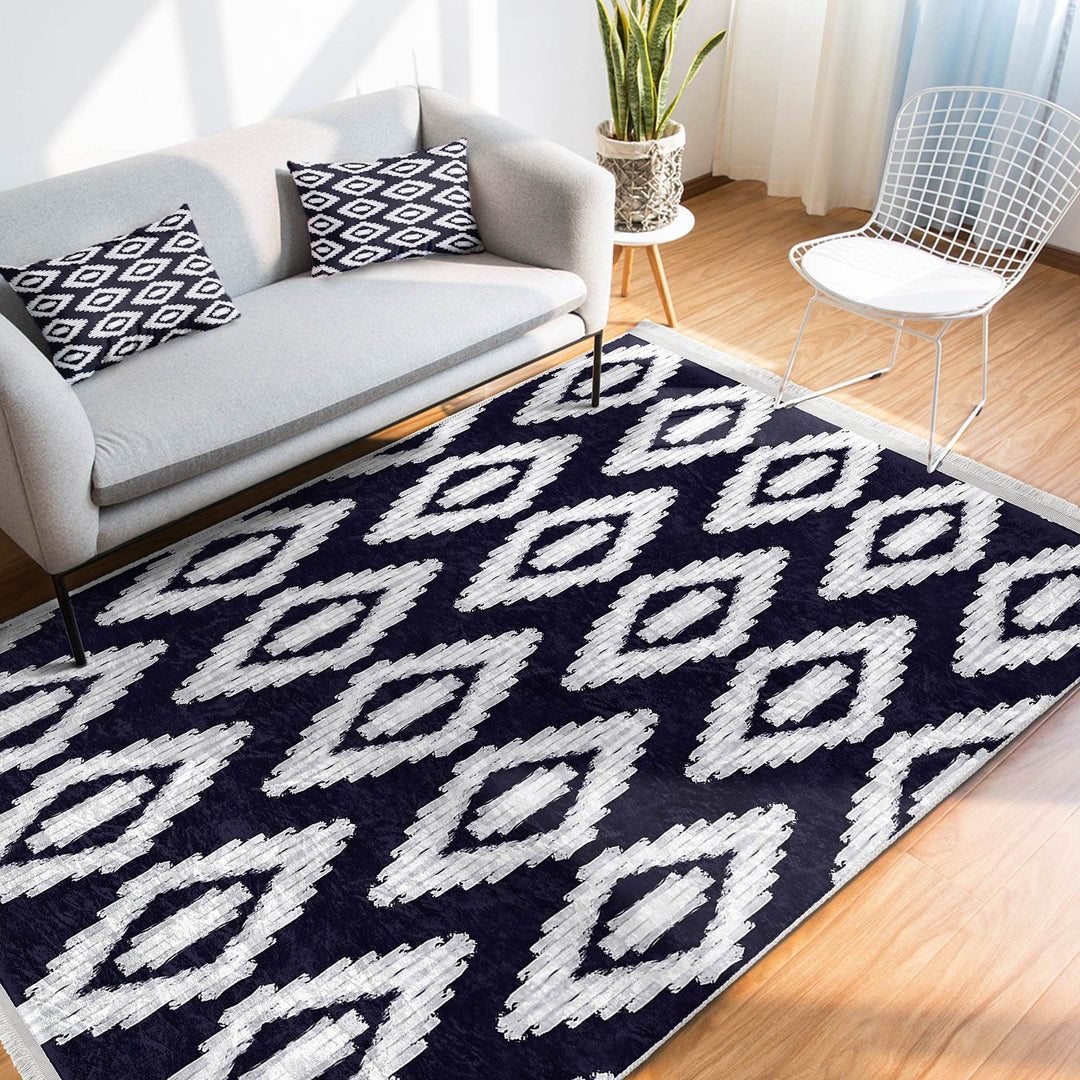 Diamond Pattern Rug|Geometric Area Rug|Machine-Washable Fringed Non-Slip Mat|Boho Design Carpet|Multi-Purpose Anti-Slip Abstract Carpet