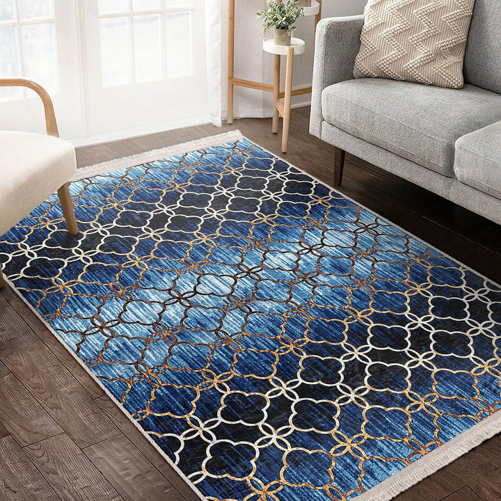 Geometric Area Rug|Farmhouse Style Rug|Boho Design Carpet|Machine-Washable Fringed Non-Slip Mat|Multi-Purpose Anti-Slip Abstract Carpet