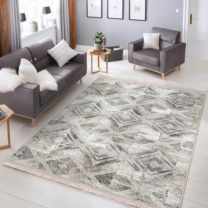 Abstract Area Carpet|Diamond Pattern Rug|Boho Design Rug|Machine-Washable Fringed Non-Slip Mat|Multi-Purpose Anti-Slip Housewarming Carpet