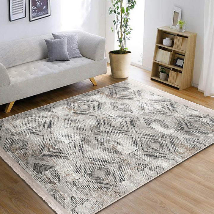 Abstract Area Carpet|Diamond Pattern Rug|Boho Design Rug|Machine-Washable Fringed Non-Slip Mat|Multi-Purpose Anti-Slip Housewarming Carpet