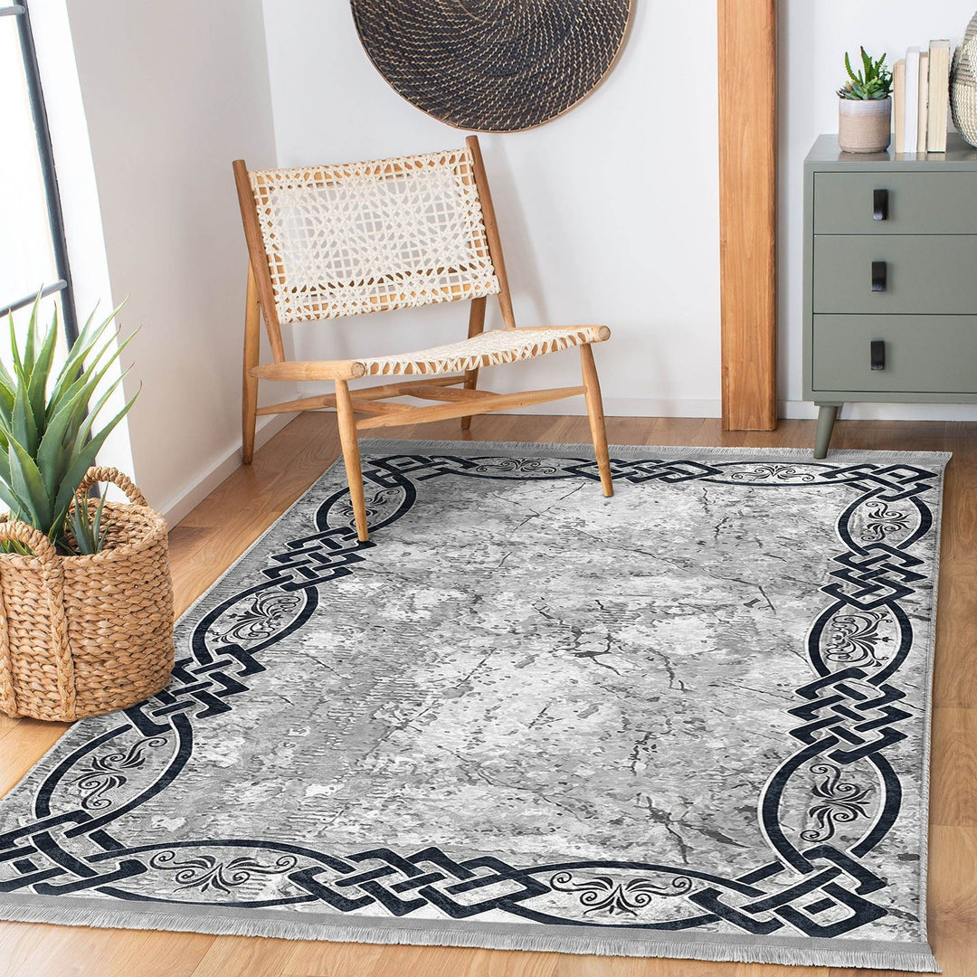 Gray Area Carpet|Bordered Boho Rug|Stylish Modern Rug|Abstract Home Decor|Machine-Washable Fringed Non-Slip Mat|Multi-Purpose Decorative Mat