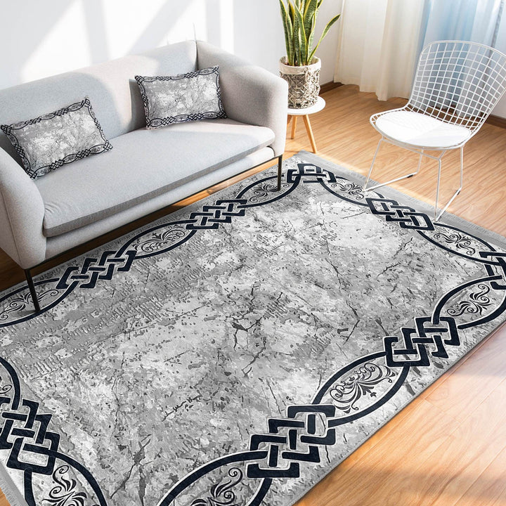 Gray Area Carpet|Bordered Boho Rug|Stylish Modern Rug|Abstract Home Decor|Machine-Washable Fringed Non-Slip Mat|Multi-Purpose Decorative Mat
