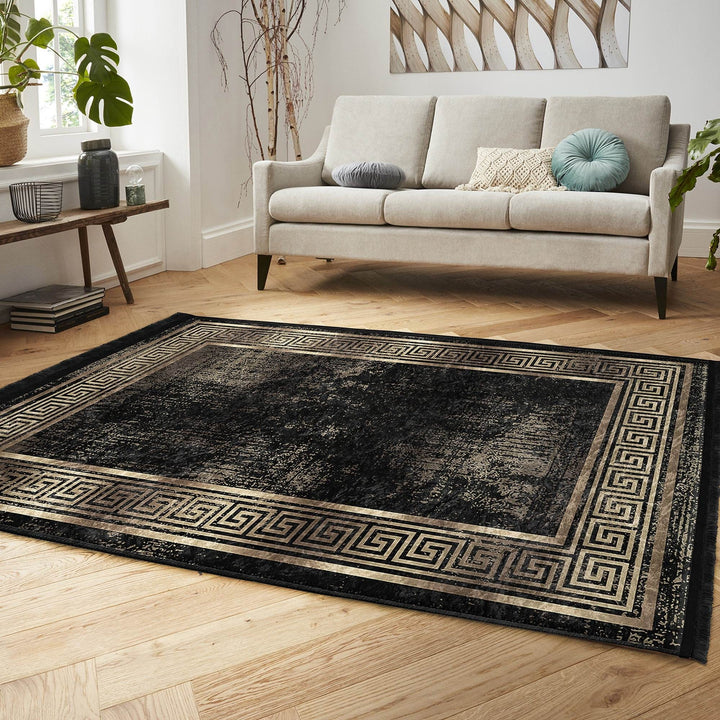 Bordered Area Rug|Greek Key Carpet|Bohemian Decor|Machine-Washable Fringed Non-Slip Mat|Multi-Purpose Anti-Slip Abstract Geometric Carpet