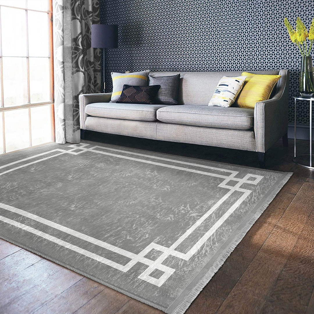 Bordered Gray Rug|Multi-Purpose Anti-Slip Geometric Carpet|Farmhouse Style Rug|Boho Design Carpet|Machine-Washable Fringed Non-Slip Mat