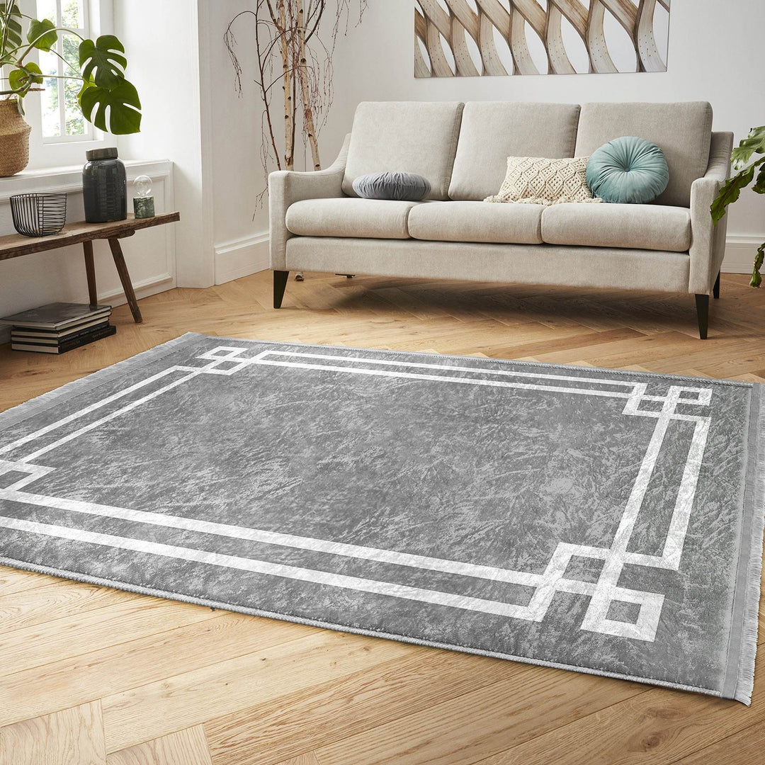 Bordered Gray Rug|Multi-Purpose Anti-Slip Geometric Carpet|Farmhouse Style Rug|Boho Design Carpet|Machine-Washable Fringed Non-Slip Mat