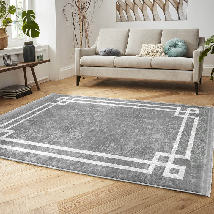 Bordered Gray Rug|Multi-Purpose Anti-Slip Geometric Carpet|Farmhouse Style Rug|Boho Design Carpet|Machine-Washable Fringed Non-Slip Mat