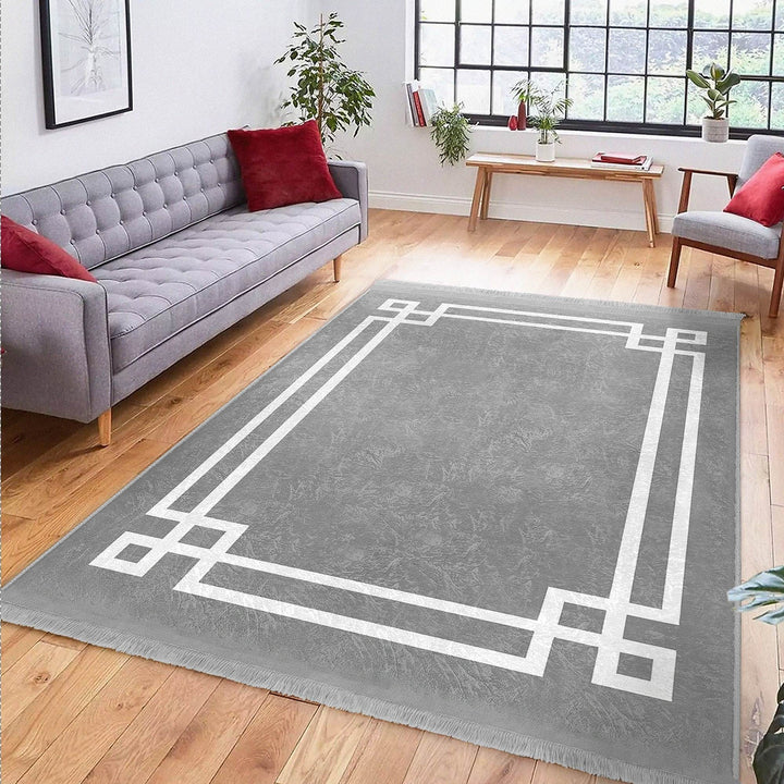 Bordered Gray Rug|Multi-Purpose Anti-Slip Geometric Carpet|Farmhouse Style Rug|Boho Design Carpet|Machine-Washable Fringed Non-Slip Mat