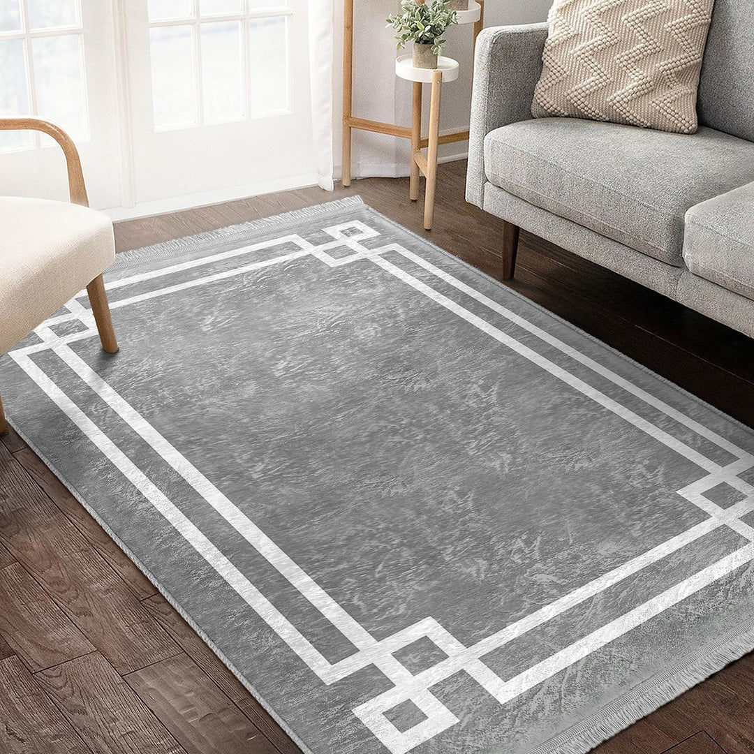 Bordered Gray Rug|Multi-Purpose Anti-Slip Geometric Carpet|Farmhouse Style Rug|Boho Design Carpet|Machine-Washable Fringed Non-Slip Mat