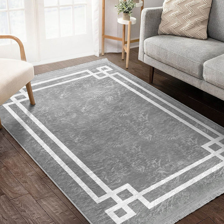 Bordered Gray Rug|Multi-Purpose Anti-Slip Geometric Carpet|Farmhouse Style Rug|Boho Design Carpet|Machine-Washable Fringed Non-Slip Mat