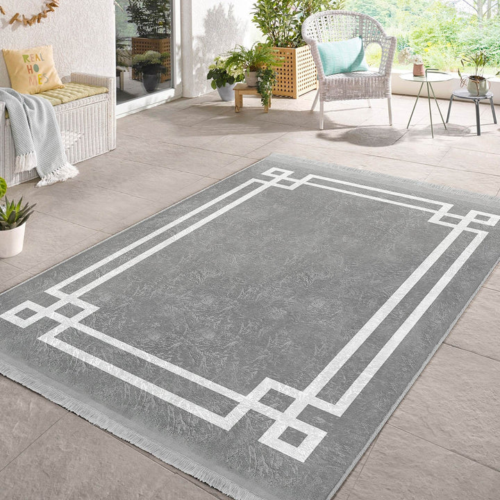 Bordered Gray Rug|Multi-Purpose Anti-Slip Geometric Carpet|Farmhouse Style Rug|Boho Design Carpet|Machine-Washable Fringed Non-Slip Mat