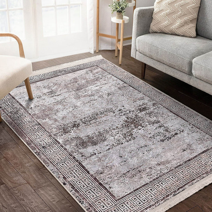 Bordered Area Rug|Greek Key Rug|Boho Design Carpet|Machine-Washable Fringed Non-Slip Mat|Multi-Purpose Anti-Slip Abstract Geometric Carpet