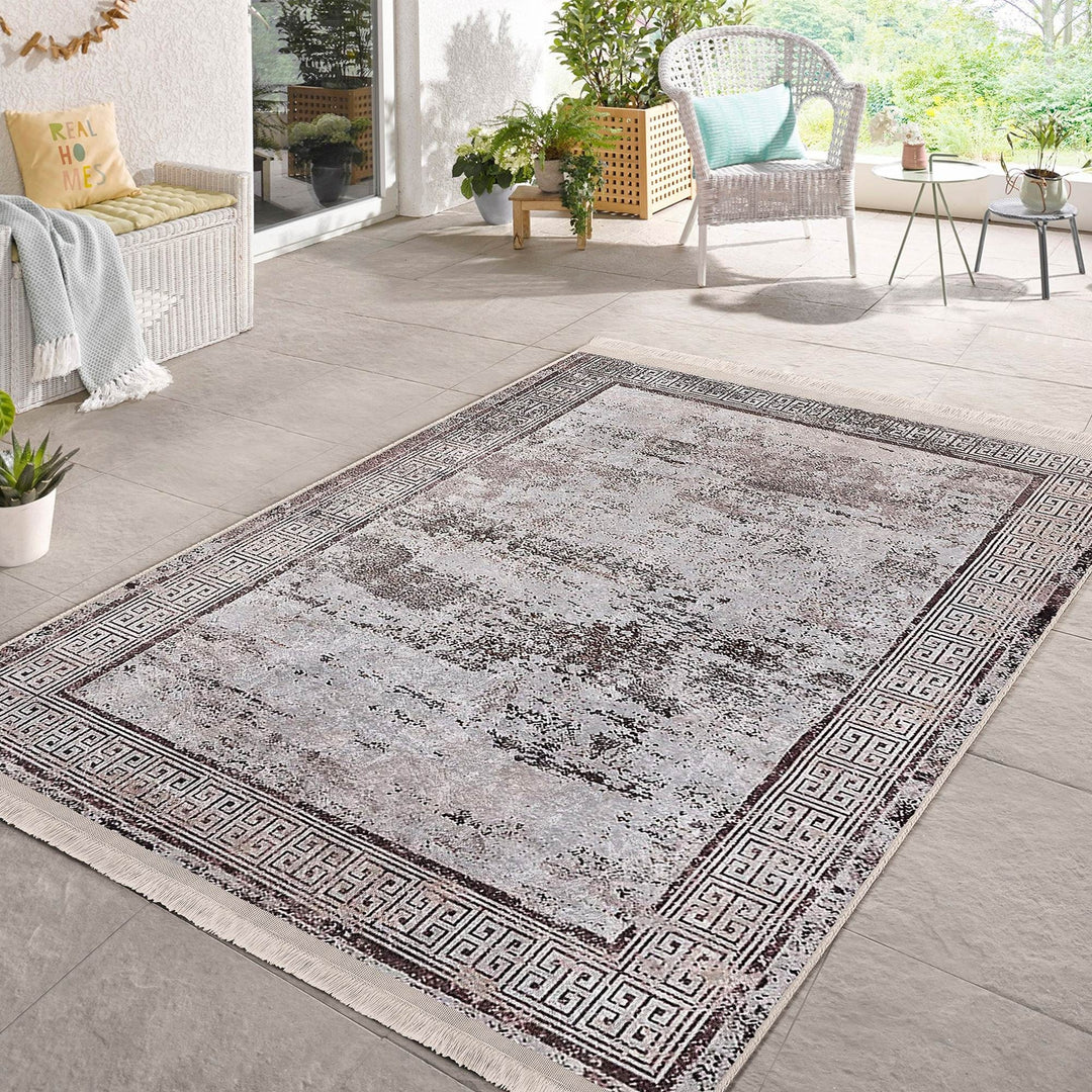 Bordered Area Rug|Greek Key Rug|Boho Design Carpet|Machine-Washable Fringed Non-Slip Mat|Multi-Purpose Anti-Slip Abstract Geometric Carpet