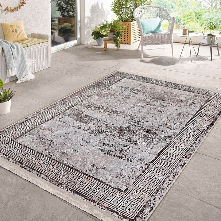 Bordered Area Rug|Greek Key Rug|Boho Design Carpet|Machine-Washable Fringed Non-Slip Mat|Multi-Purpose Anti-Slip Abstract Geometric Carpet