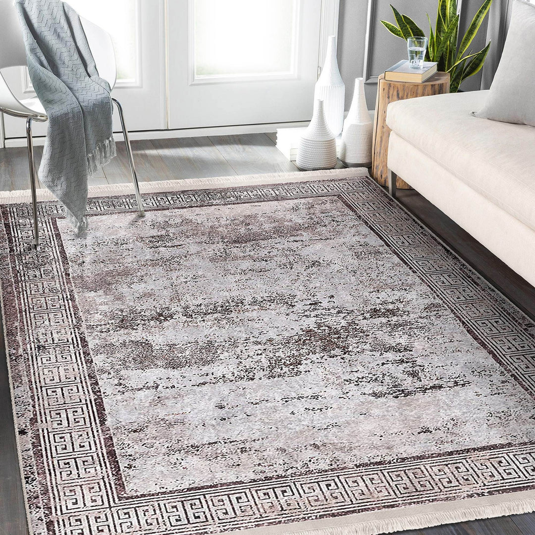 Bordered Area Rug|Greek Key Rug|Boho Design Carpet|Machine-Washable Fringed Non-Slip Mat|Multi-Purpose Anti-Slip Abstract Geometric Carpet
