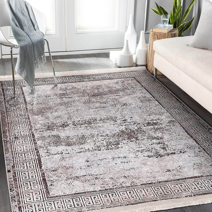Bordered Area Rug|Greek Key Rug|Boho Design Carpet|Machine-Washable Fringed Non-Slip Mat|Multi-Purpose Anti-Slip Abstract Geometric Carpet