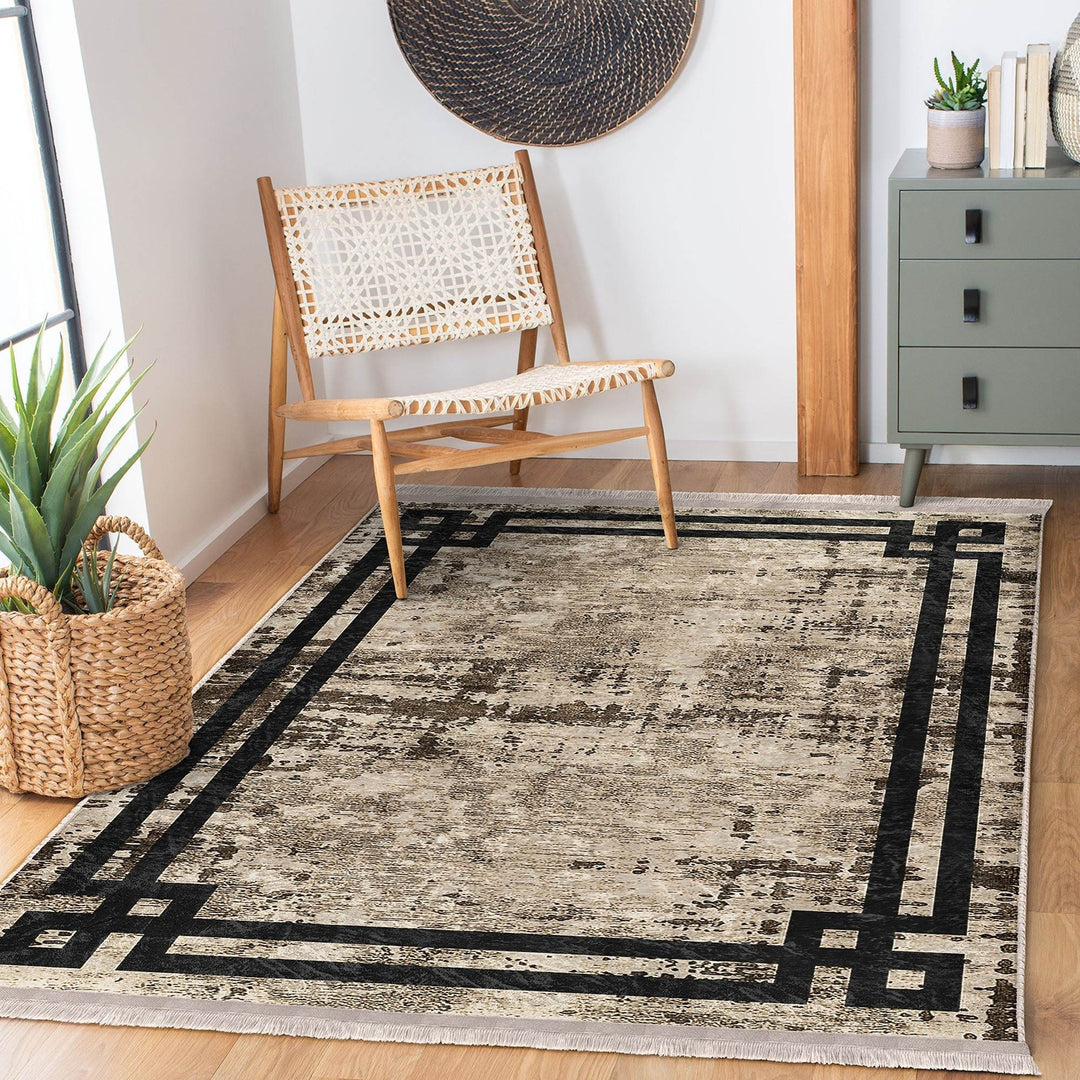 Bordered Area Rug|Farmhouse Style Rug|Boho Design Carpet|Machine-Washable Fringed Non-Slip Mat|Multi-Purpose Anti-Slip Abstract Carpet