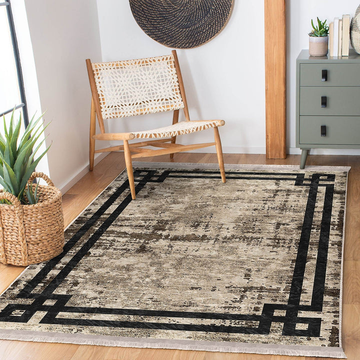 Bordered Area Rug|Farmhouse Style Rug|Boho Design Carpet|Machine-Washable Fringed Non-Slip Mat|Multi-Purpose Anti-Slip Abstract Carpet
