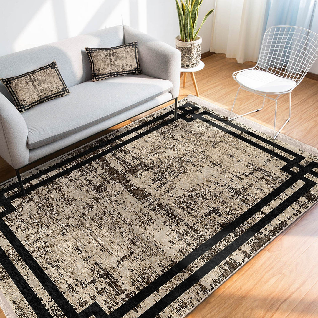 Bordered Area Rug|Farmhouse Style Rug|Boho Design Carpet|Machine-Washable Fringed Non-Slip Mat|Multi-Purpose Anti-Slip Abstract Carpet