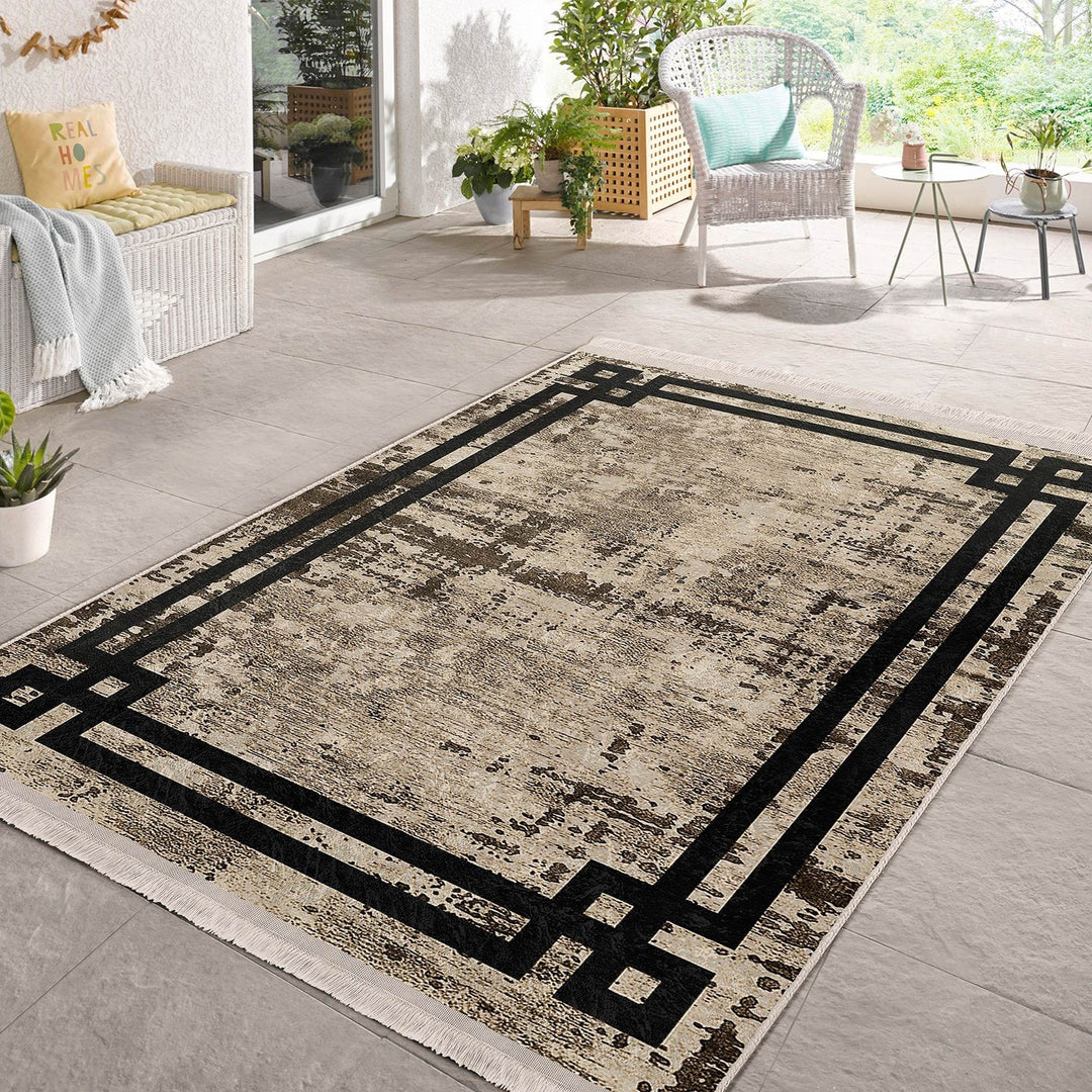 Bordered Area Rug|Farmhouse Style Rug|Boho Design Carpet|Machine-Washable Fringed Non-Slip Mat|Multi-Purpose Anti-Slip Abstract Carpet