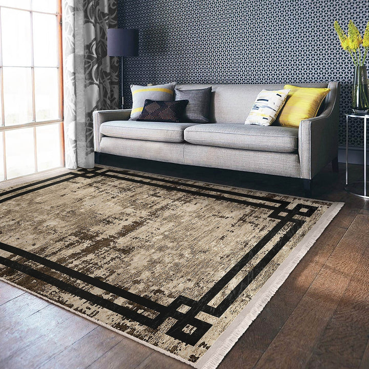 Bordered Area Rug|Farmhouse Style Rug|Boho Design Carpet|Machine-Washable Fringed Non-Slip Mat|Multi-Purpose Anti-Slip Abstract Carpet