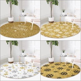 Christmas Round Rug|Winter Non-Slip Rug|Snowflake Carpet|Merry Xmas Rug|Gold White Decor|Geometric Carpet|Multi-Purpose Mat|Anti Slip Carpet