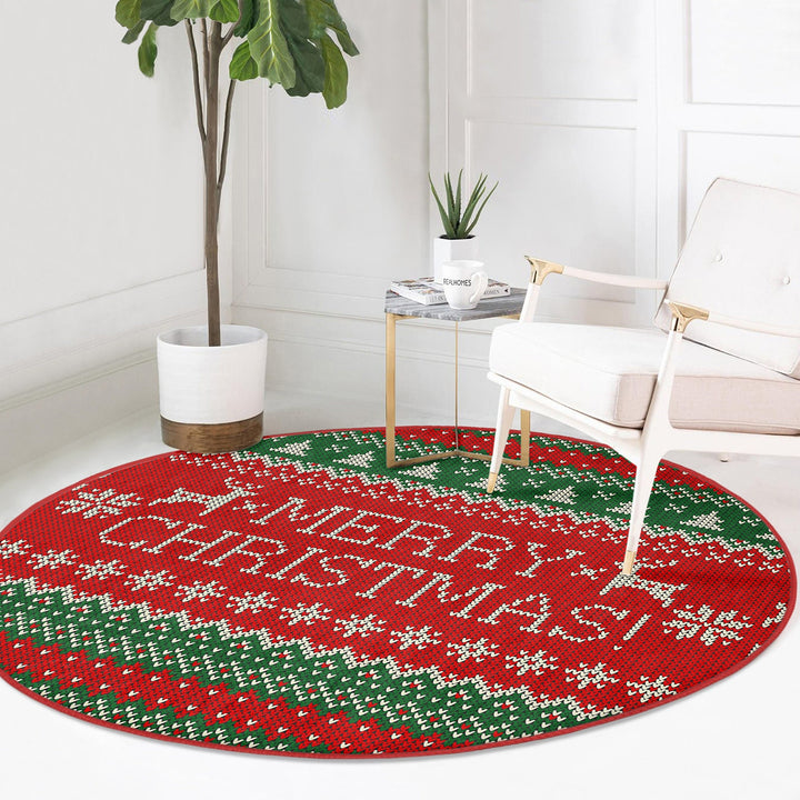 Christmas Round Rug|Winter Non-Slip Rug|Pixel Art Circle Carpet|Merry Xmas Round Rug|Pine Tree Xmas Deer|Snowflake Carpet|Multi-Purpose Mat