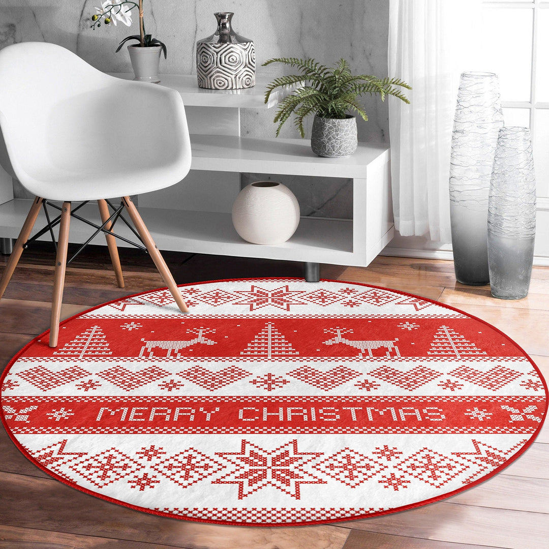 Christmas Round Rug|Winter Non-Slip Rug|Pixel Art Circle Carpet|Merry Xmas Round Rug|Pine Tree Xmas Deer|Snowflake Carpet|Multi-Purpose Mat