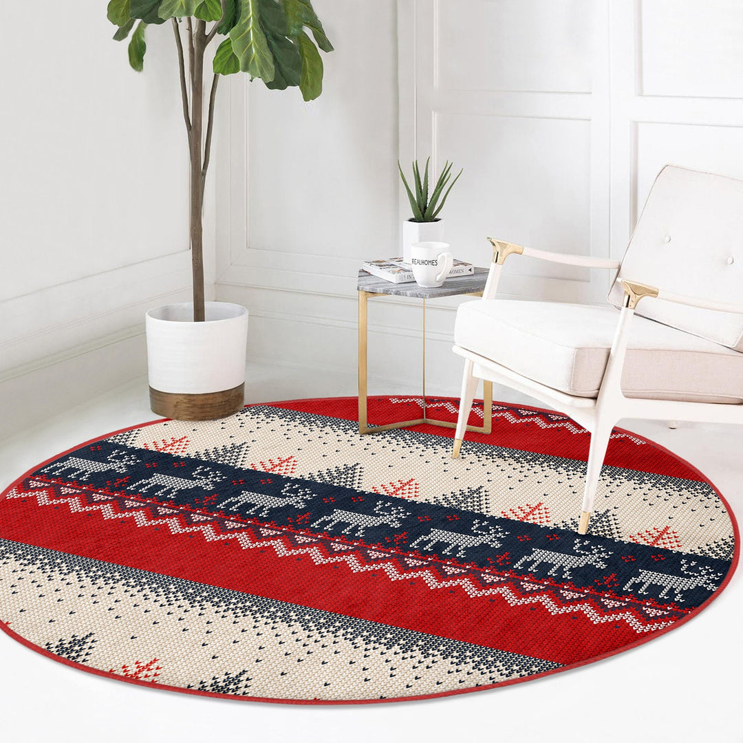 Winter Round Rug|Decorative Non-Slip Rug|Pixel Art Deer Carpet|Xmas Round Area Rug|Pine Tree Xmas Decor|Geometric Carpet|Multi-Purpose Mat