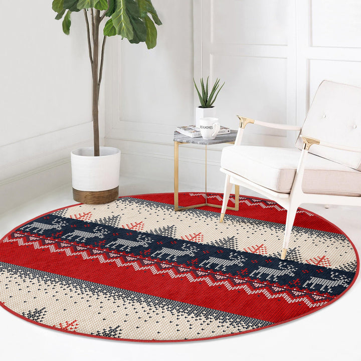 Winter Round Rug|Decorative Non-Slip Rug|Pixel Art Deer Carpet|Xmas Round Area Rug|Pine Tree Xmas Decor|Geometric Carpet|Multi-Purpose Mat