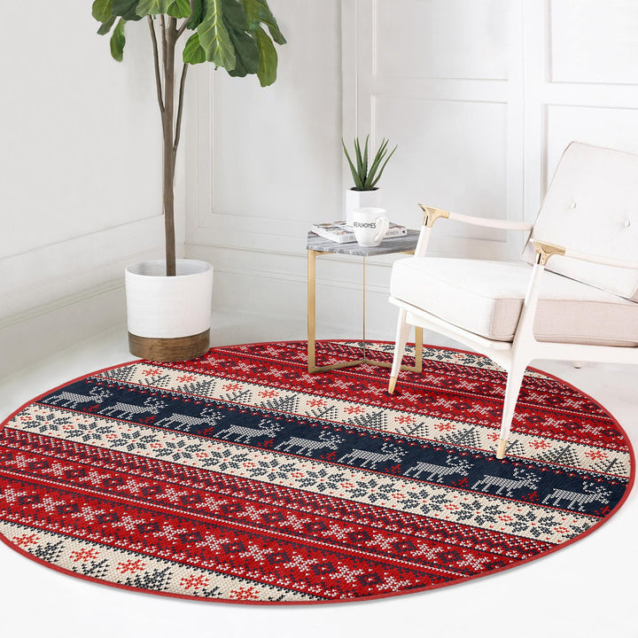 Winter Round Rug|Decorative Non-Slip Rug|Pixel Art Deer Carpet|Xmas Round Area Rug|Pine Tree Xmas Decor|Geometric Carpet|Multi-Purpose Mat
