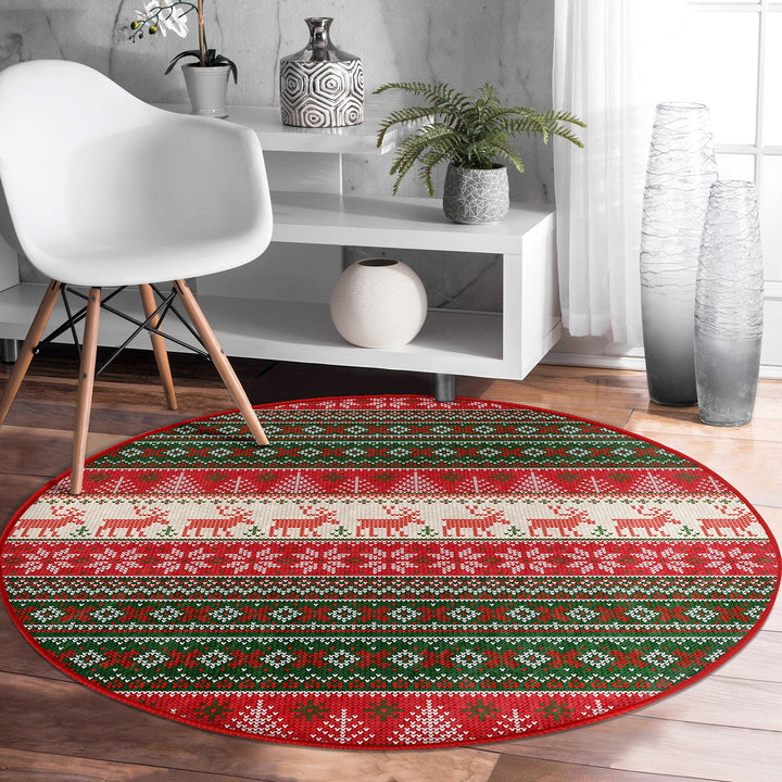 Winter Round Rug|Decorative Non-Slip Rug|Pixel Art Deer Carpet|Xmas Round Area Rug|Pine Tree Xmas Decor|Geometric Carpet|Multi-Purpose Mat