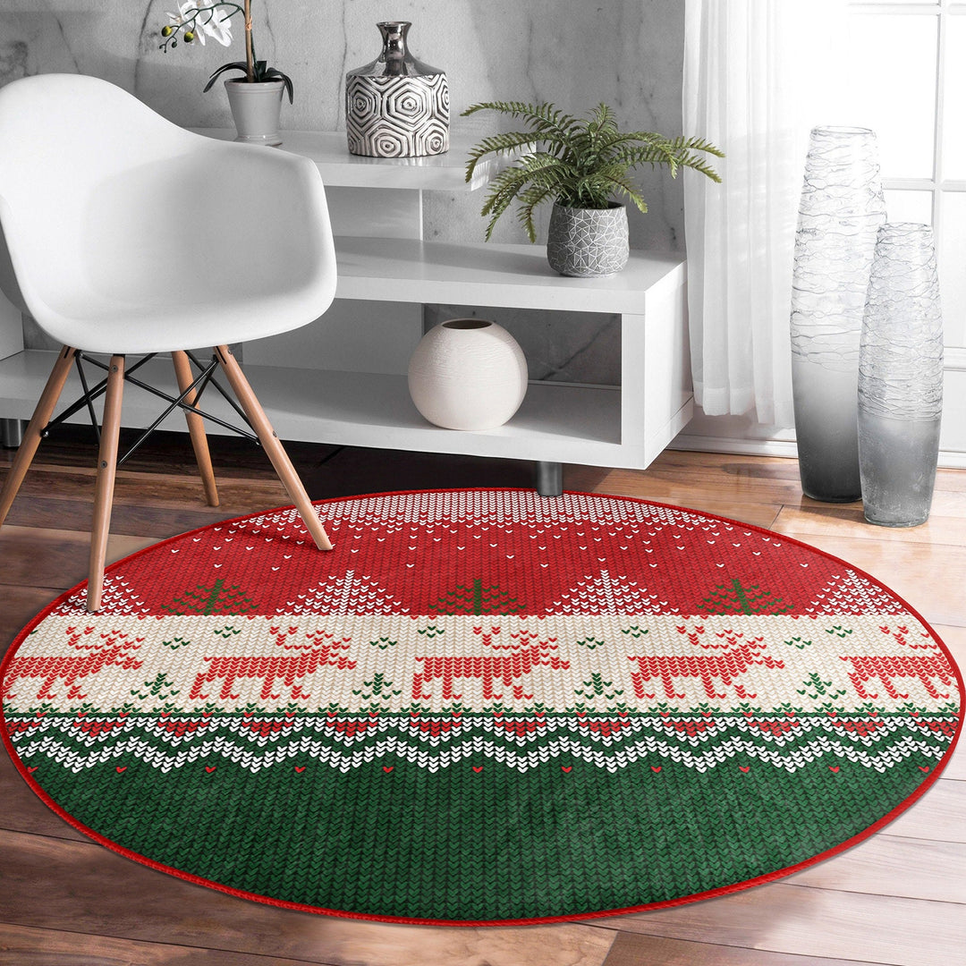 Winter Round Rug|Decorative Non-Slip Rug|Pixel Art Deer Carpet|Xmas Round Area Rug|Pine Tree Xmas Decor|Geometric Carpet|Multi-Purpose Mat