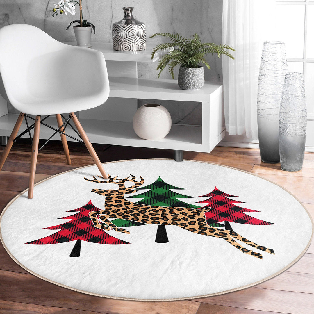 Winter Round Rug|Circle Non-Slip Rug|Pine Tree Round Carpet|Checkered Xmas Rug|Pine Tree Home Decor|Leaf Print Carpet|Multi-Purpose Mat