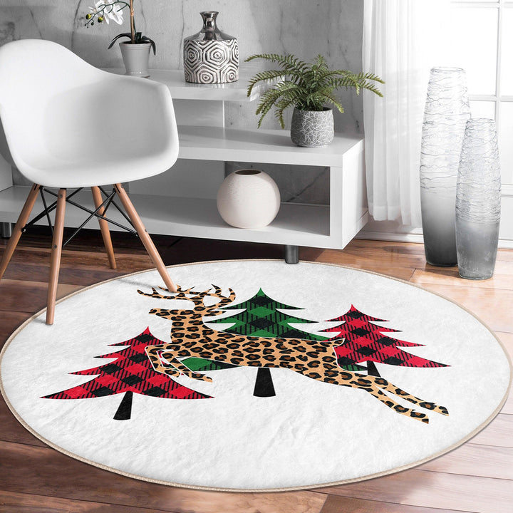 Winter Round Rug|Circle Non-Slip Rug|Pine Tree Round Carpet|Checkered Xmas Rug|Pine Tree Home Decor|Leaf Print Carpet|Multi-Purpose Mat